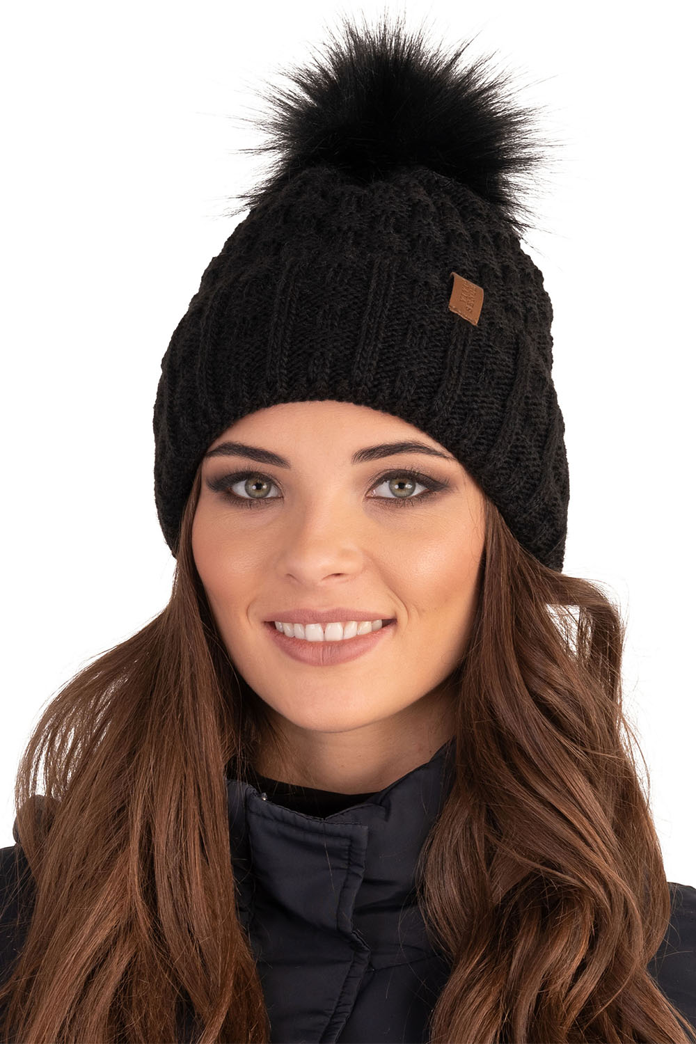 Vivisence Pom Pom Hat For Women Fleece Lined Knitted Winter Style 7015, black