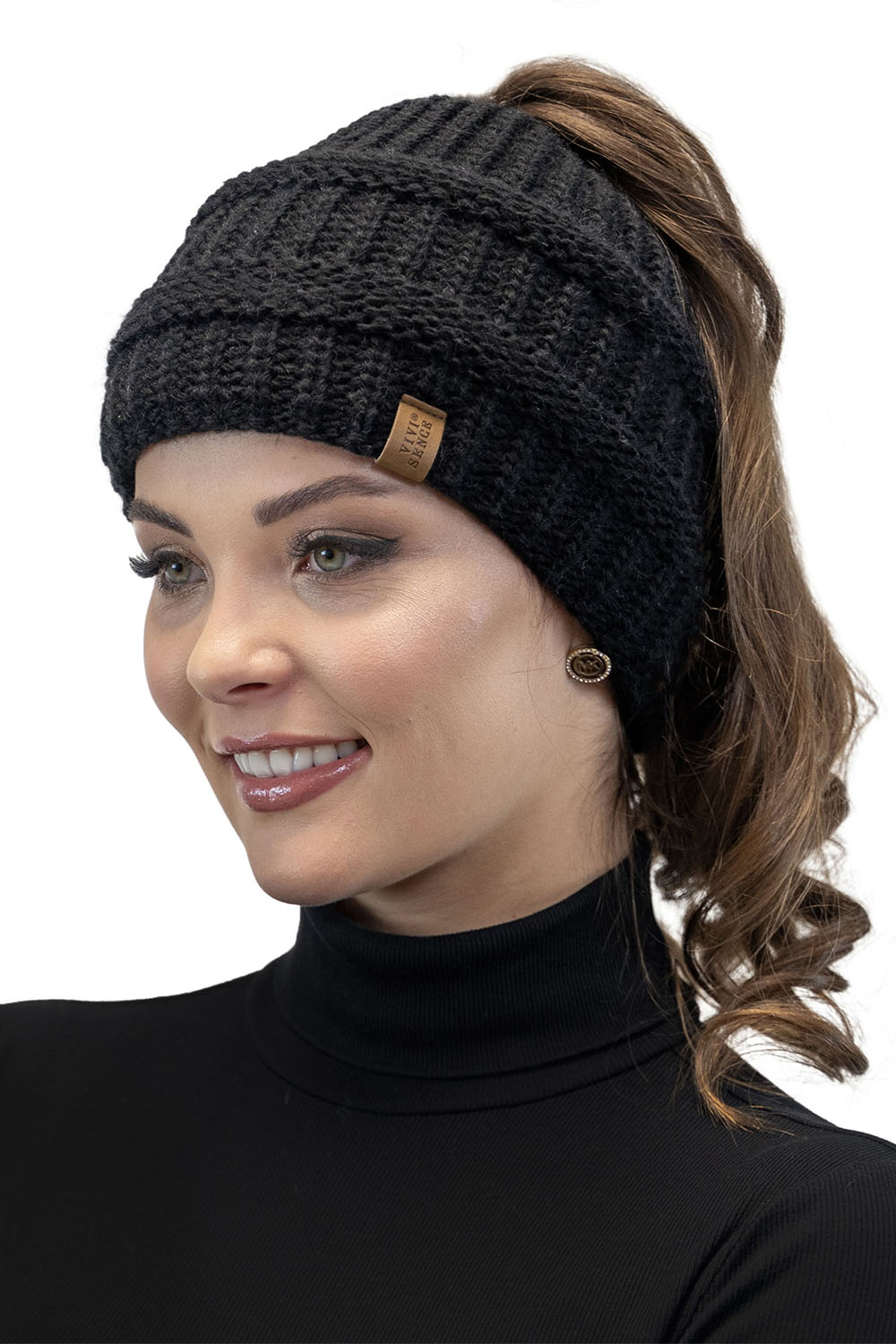 Vivisence Damen Mütze Zopfschlaufe Gefüttert Flauschig Gummibund Winter 7075, schwarz