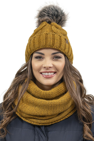 Vivisence Damen Winter Set Bommelmütze Loop Schal Handschuhe Warm Elegant, dunkelgelb