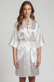 Vivisence Women's Satin Robe with 3/4 Sleeves Tie Waist Short Kimono Style Elegant Polyester Nightwear, 