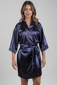 Vivisence Women's Satin Robe with 3/4 Sleeves Tie Waist Short Kimono Style Elegant Polyester Nightwear, dark blue