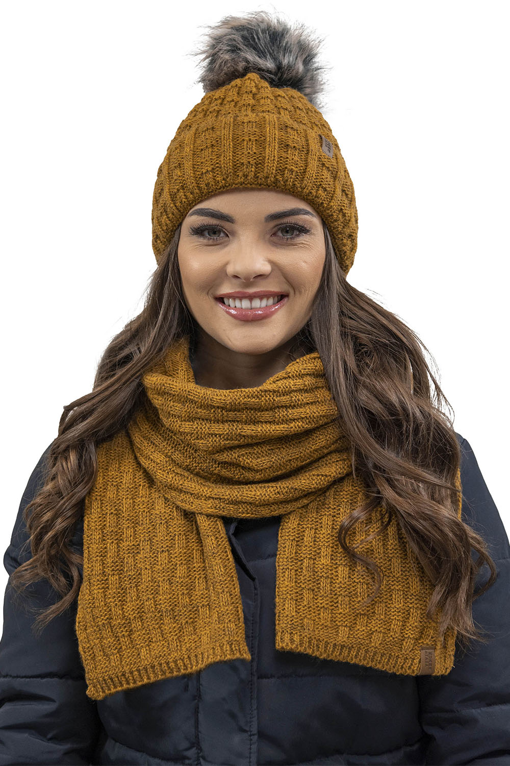 Vivisence Damen Mütze Bommel Warm Fleece Gefüttert Strick Winterstyle 7015, dunkelgelb