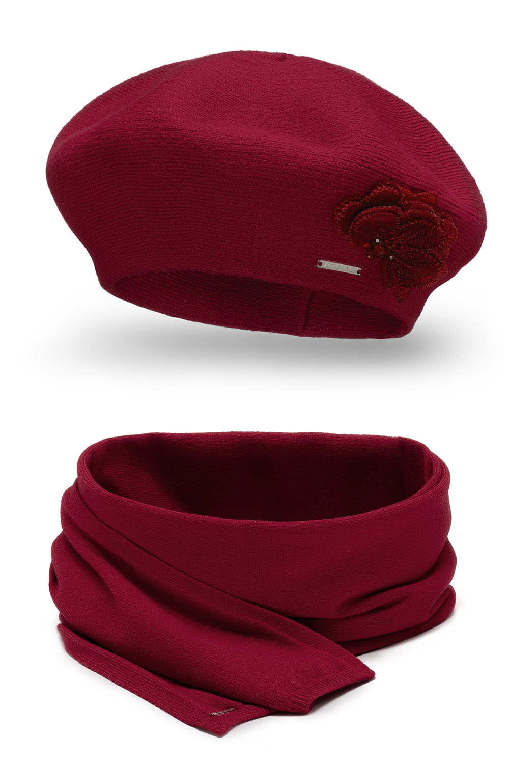 Vivisence Ensemble Béret Et Écharpe Pour Femme Automne et Hiver En Laine  Style Classique Élégant Avec Application Florale Idéal Pour Les Froides Journées Cadeau Parfait 7036Kmpl, bordeaux