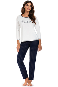 Vivisence Damen Pyjama Schlafanzug Langarm Nachtwäsche  2teilig Set Bequem 2029, ecru/dunkelblau