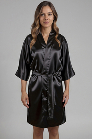 Vivisence Women's Satin Robe with 3/4 Sleeves Tie Waist Short Kimono Style Elegant Polyester Nightwear, Black