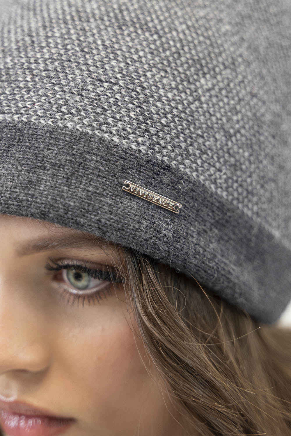 Vivisence Bonnet À Pompon Femme Tricoté Motif Pied-De-Poule Subtil 7095, pied-de-poule gris