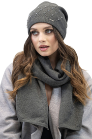 Vivisence Knitted Hat For Women Warm Winter With Pearls Wool Fleece Pleats 7002, dark grey