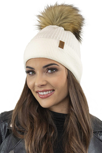 Vivisence Women's Winter Hat With Pom Pom Autumn Style Warm Yarn 7042, ecru