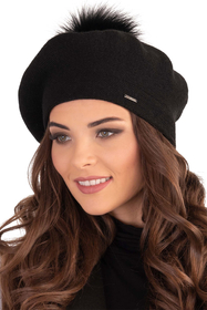 Vivisence Women Beret Wool Blend Faux Fur Pompom Elegant Warm Winter Hat 7035, black