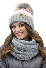 Vivisence Bonnet Et Cache-Cou Pour Femme L'Automne et L'Hiver Ensemble À La Mode Pour Avec Doublure Polaire Antistatique Pliable En Fil Chaud Tissage Coloré Pompon Écologique 7099Kmpl, gris