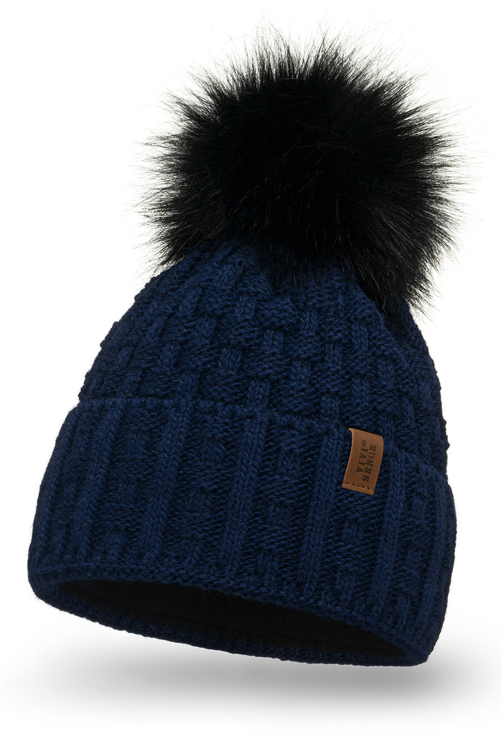 Vivisence Damen Mütze Bommel Warm Fleece Gefüttert Strick Winterstyle 7015, dunkelblau