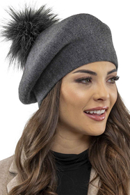 Vivisence Damen Baskenmütze Schal Set Bommel Wolle Warm Elegant Winter 7035Kmpl, dunkelgrau