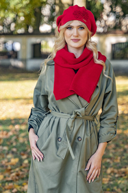 Vivisence Elegant Women's Winter Set Beret And Scarf With Classic Design And Floral Decoration Made Of Warm And Soft Fabric With Wool Blend Ideal For Cold Winter Days, Red
