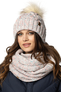 Vivisence Bonnet Femme Et Écharpe Pour L'automne et L'hiver À Pompon Cache-cou Ensemble Classique En Fils Chauds Avec Doublure En Polaire Parfait Pour Les Journées Froides 7014, blanc mélange