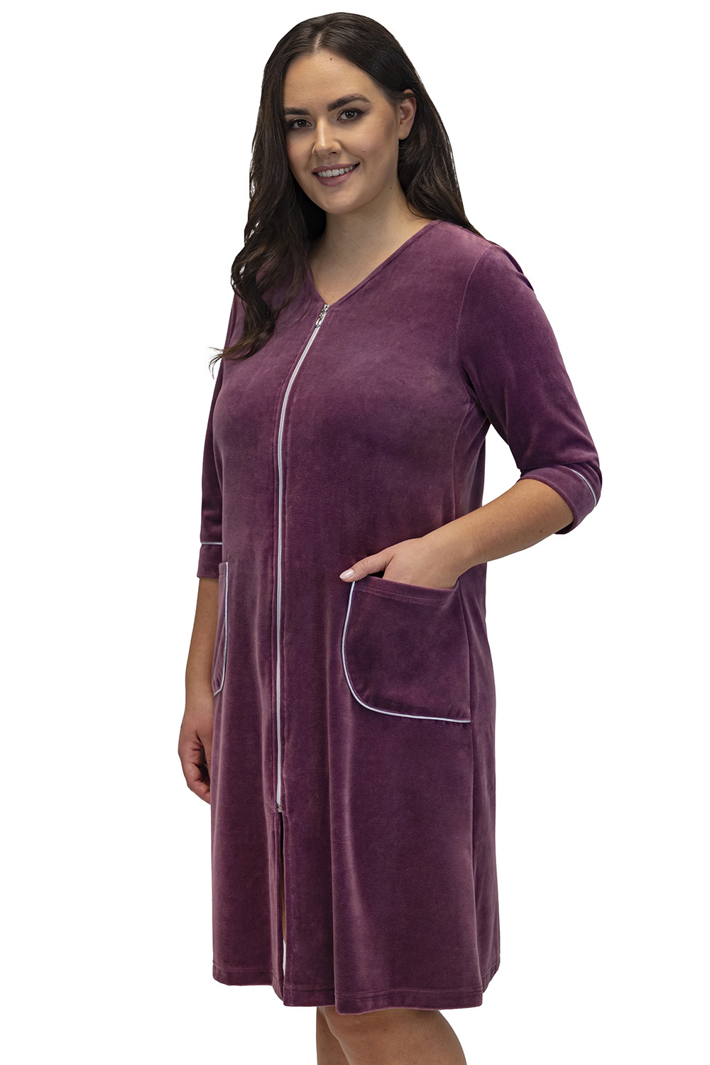 Vivisence Robe with Pockets Cotton Zipper Closure Comfortable To Wear At Home 5027, purple