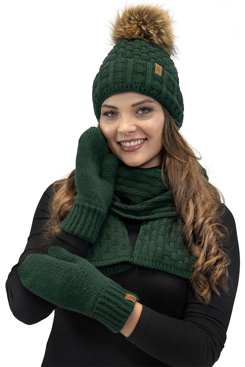 Vivisence Damen Mütze Bommel Warm Fleece Gefüttert Strick Winterstyle 7015, grün