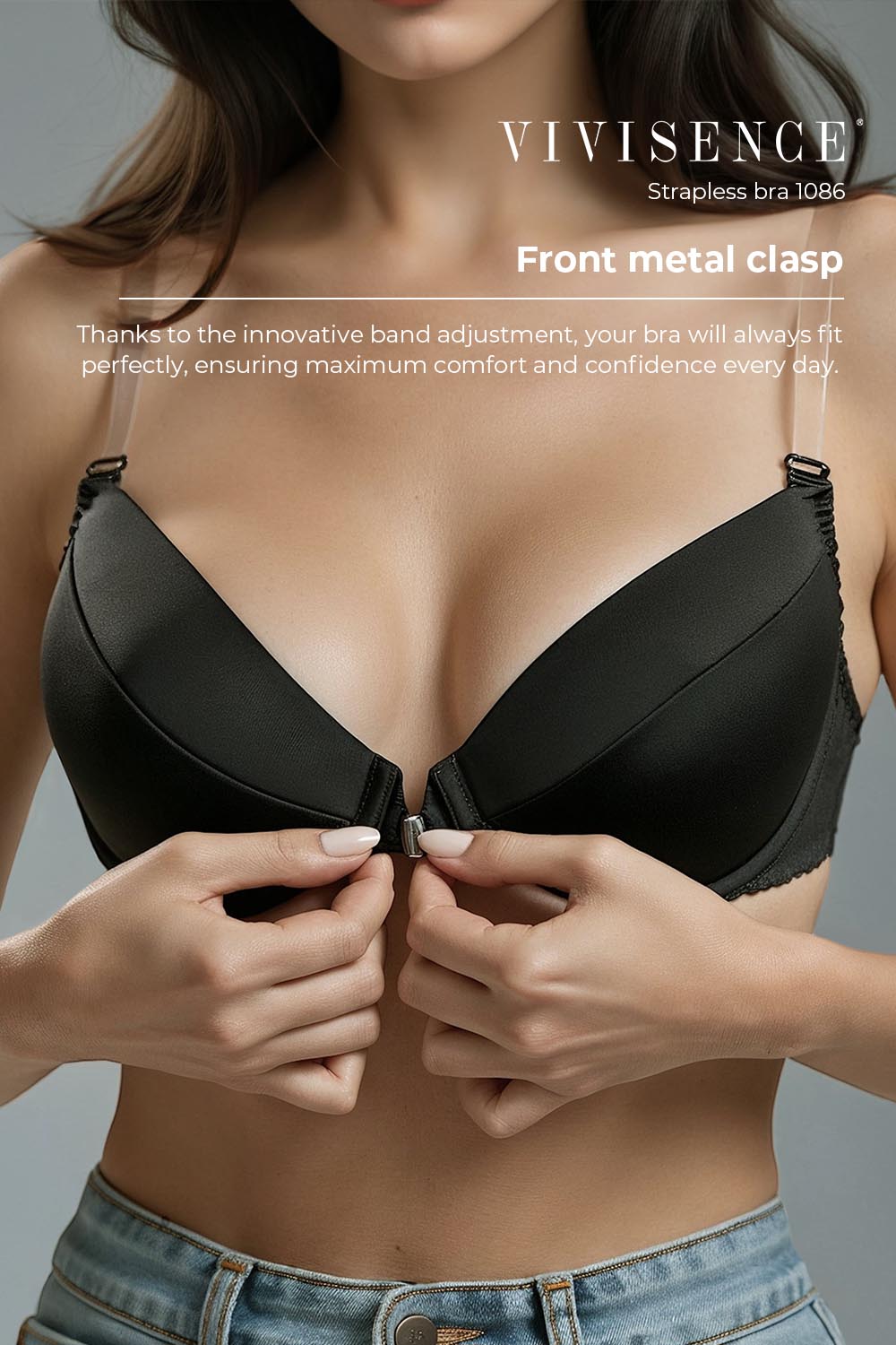 Vivisence Soutien Gorge Push Up Dos Nu Silicone Bretelles Dos Ouvert 1086, noir