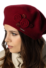 Vivisence Damen Baskenmütze Schal Set Wolle Applikation Lang Warm 7037kmpl, weinrot