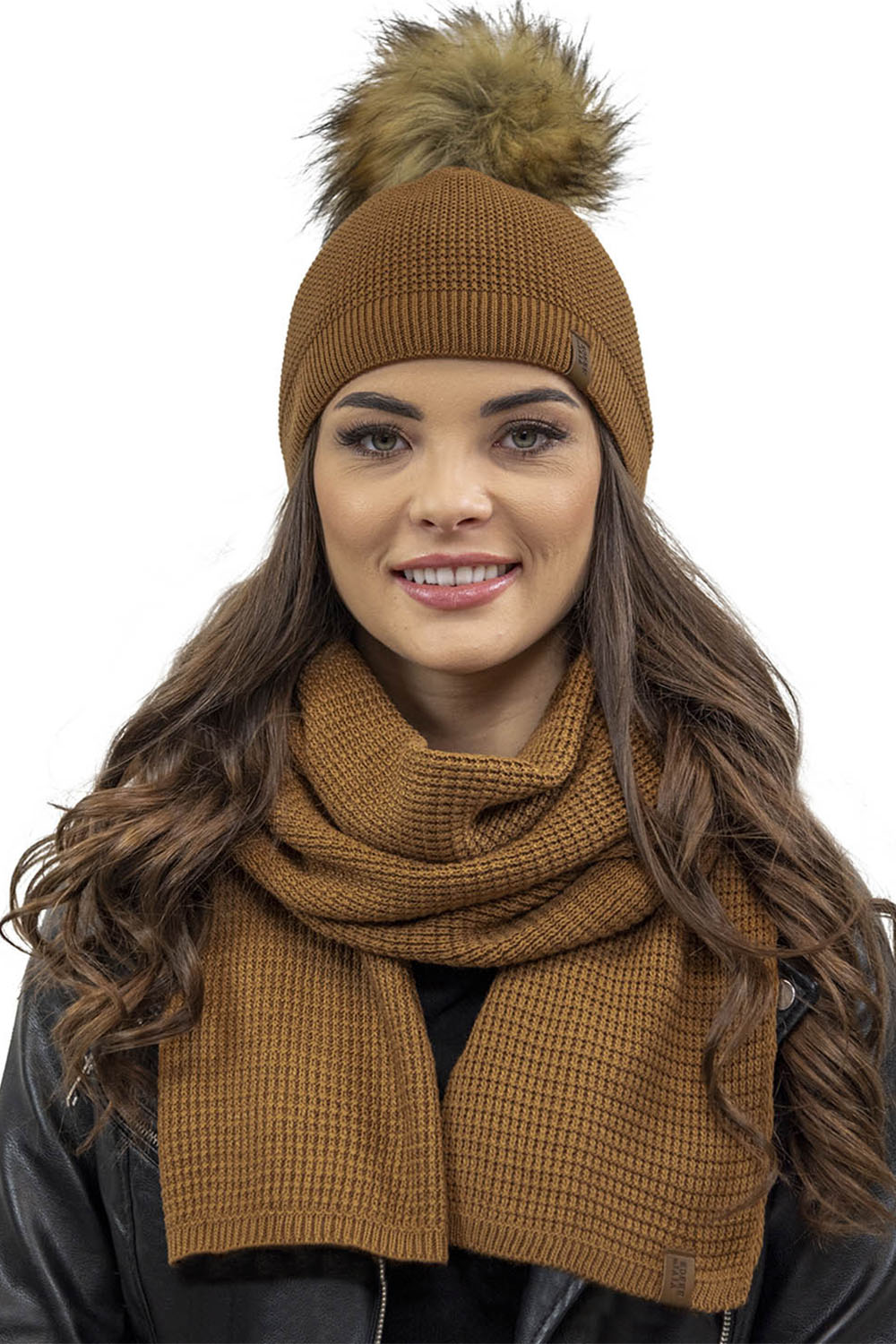 Vivisence Elegant Winter Set for Women with Pompom Hat and Warm Scarf Perfect for Cold Winter Days Ideal for Both Casual and Formal Outfits Made from Warm and Soft Acrylic Fabric, brown