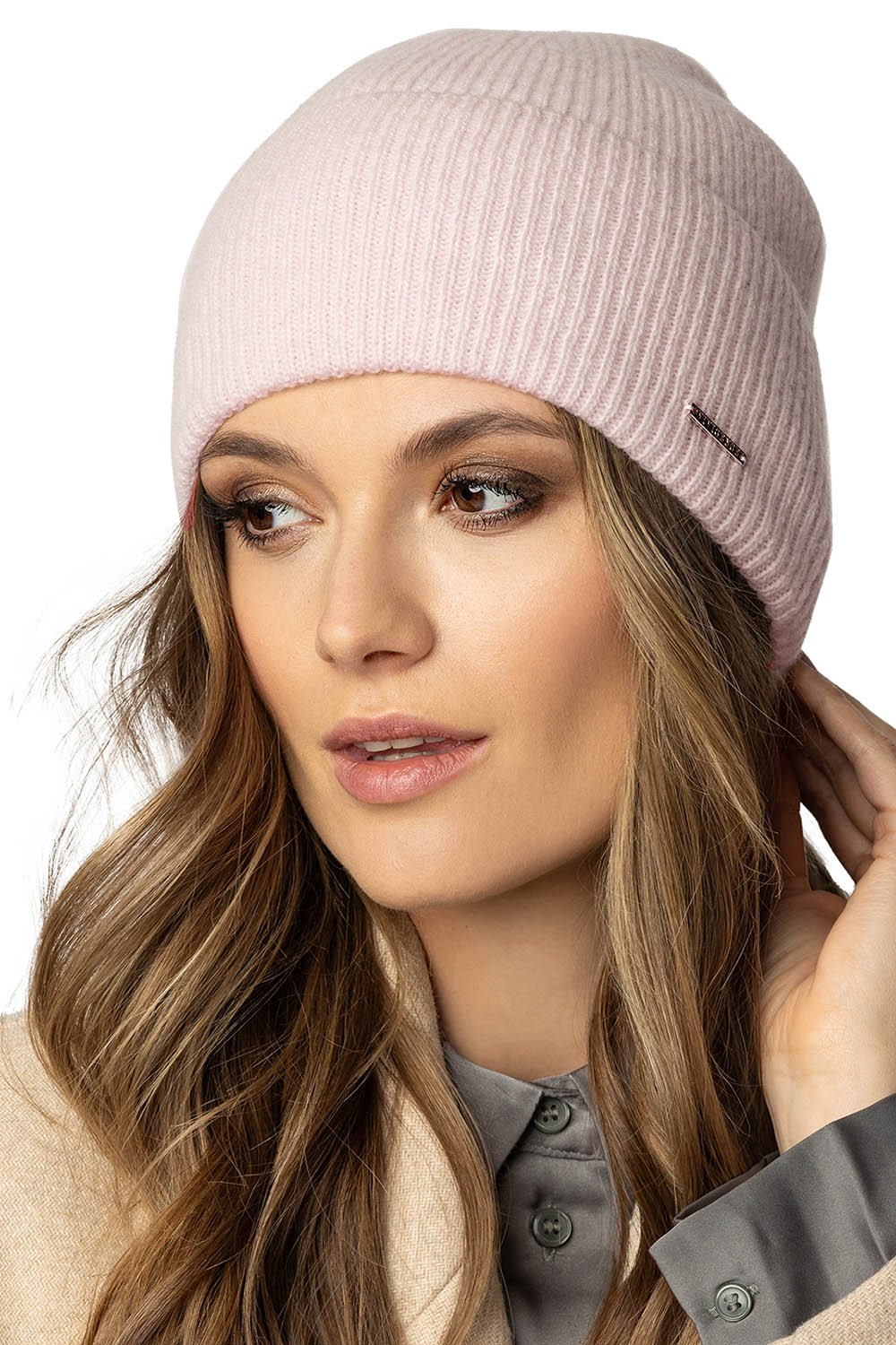 Vivisence Damen Mütze Winter Weich Strickmütze Umschlag-Saum Innenfutter 7096, puderrosa
