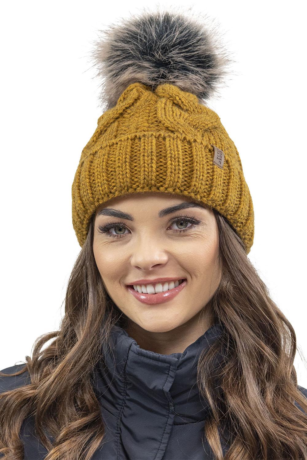Vivisence Damen Winter Set Bommelmütze Loop Schal Handschuhe Warm Elegant, dunkelgelb