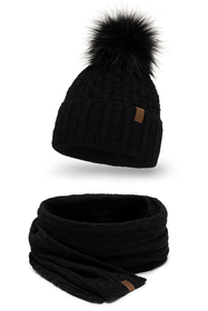Vivisence Stylish Women's Winter Set Hat With Pompom And Warm Fleece Lining Paired With Classic Matching Scarf Made From Soft And Warm Fabric Perfect For Cold Weather, black
