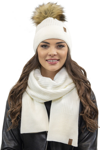 Vivisence Pour Femme Ensemble Bonnet Et Écharpe Automne et Hiver Modèle Élégant Classique En Acrylique Avec Pompon Doux Cadeau Parfait Pour Les Froids Jours 7042Kmpl, ecru