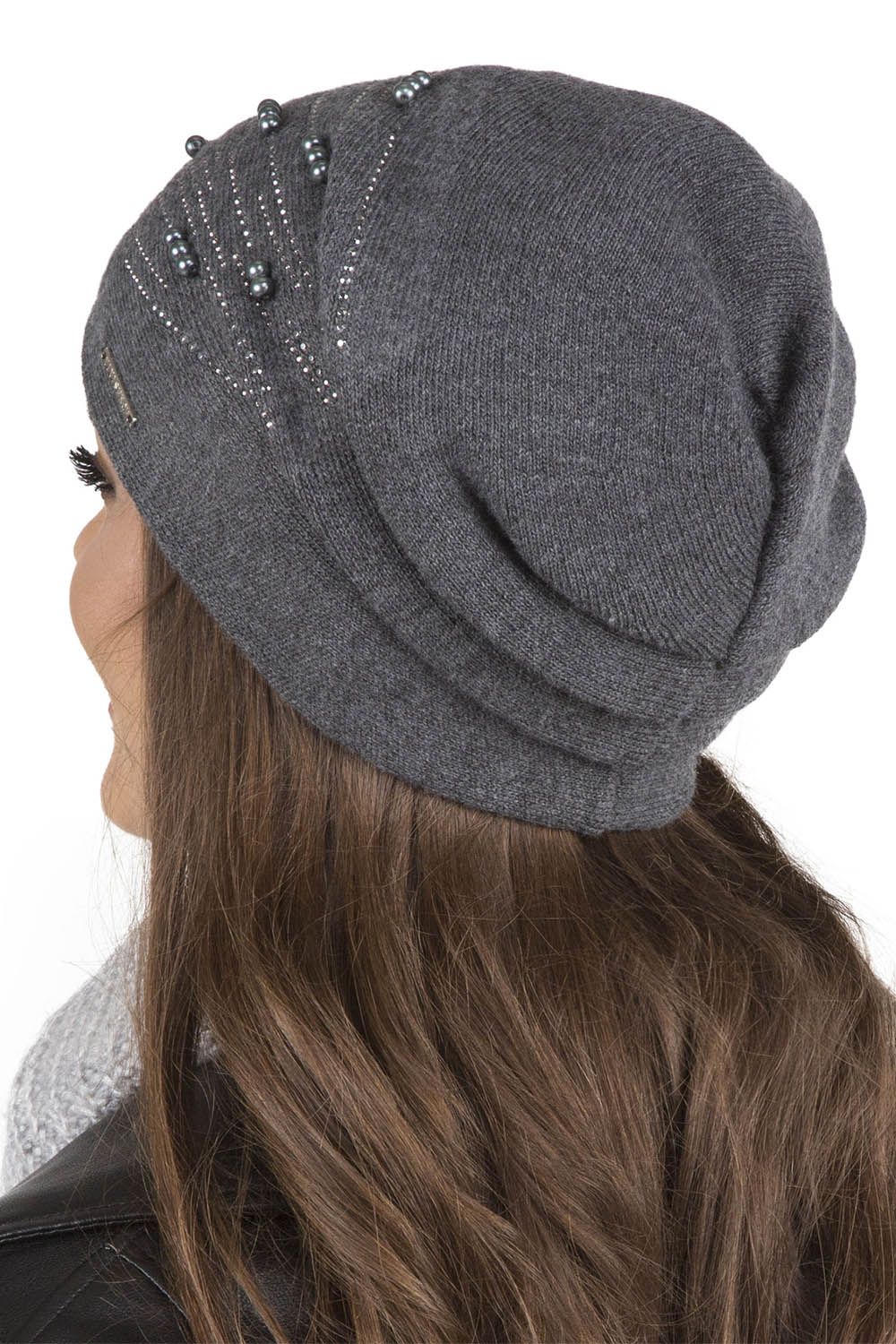 Vivisence Damen Mütze Strick Warm Fleece Zirkonia Perlen Elegant Winter 7012, dunkelgrau
