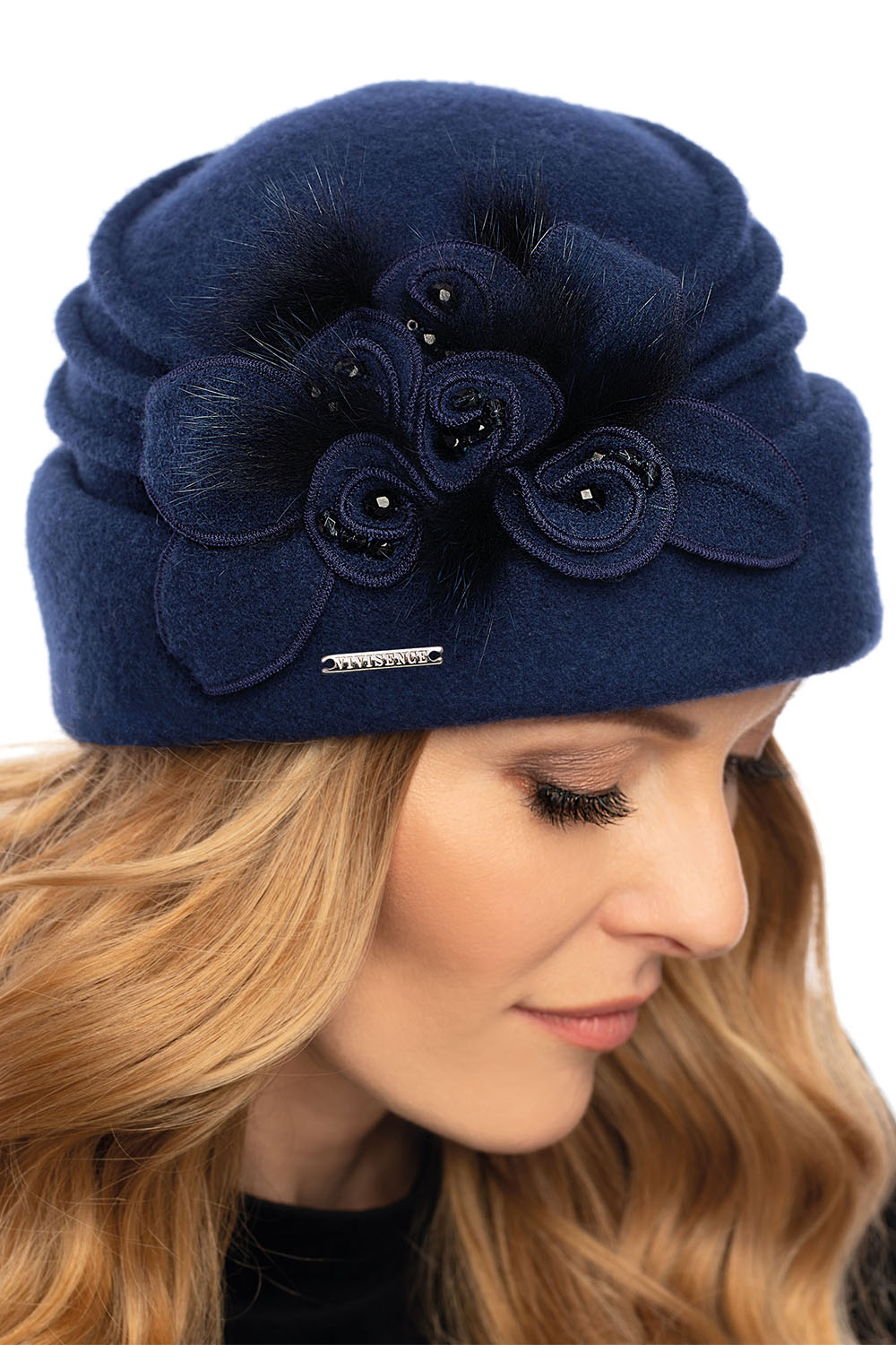 Vivisence Damen Mütze Winter Perlen Toque Wolle Handgefertigte Herbst Warme 7058, dunkelblau