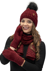 Vivisence Damen Winter Set Mütze Schal Fäustlinge Fleecefutter Gegen Kälte, weinrot