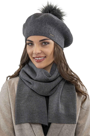 Vivisence Elegant Women's Winter Set Including Beret With Pompom And Matching Scarf Made Of Warm Fabric Perfect For Cold Winter And Autumn Days, dark grey