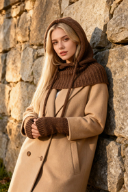 Vivisence Women Winter Hood And Gloves Set Merino Wool Knit Warm And Cozy, Brown