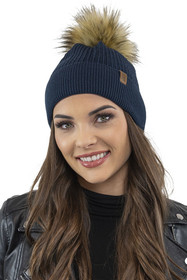 Vivisence Elegantes Damen Winter Set Aus Mütze Und Schal Mit Bommel Aus Warmem Garn Für Frauen Antistatische Perfekte Passform Für Elegante Und Sportliche Outfits, dunkelblau