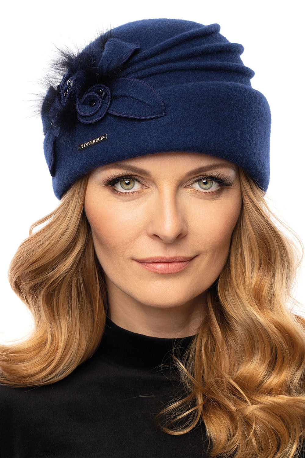Vivisence Women's Winter Hat With Pearls Wool Toque Handcrafted Warm Autumn 7058, dark blue