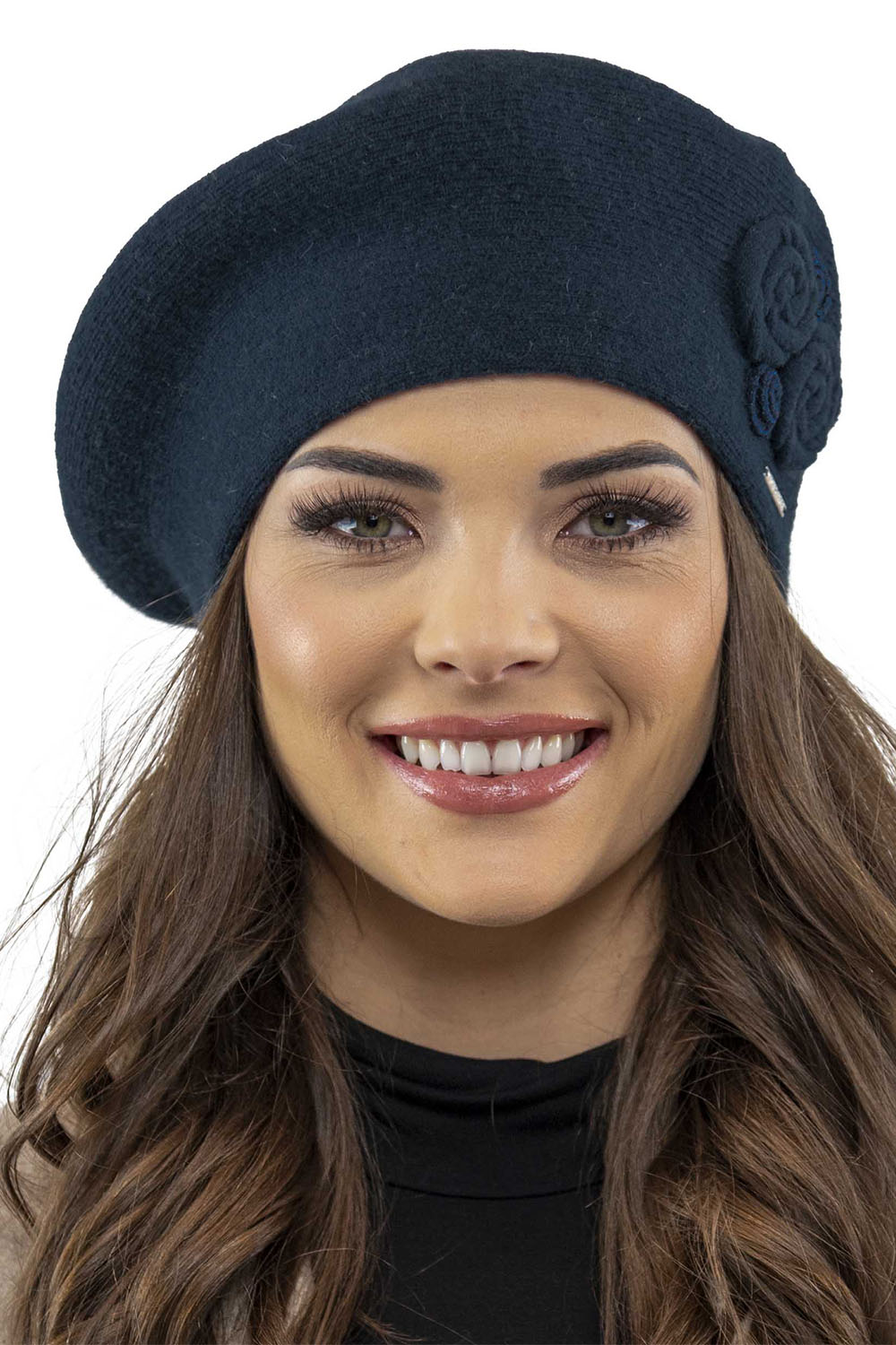 Vivisence Damen Baskenmütze Schal Set Wolle Applikation Lang Warm 7037kmpl, dunkelblau