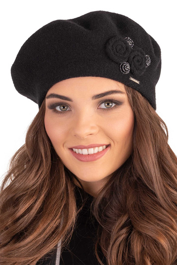 Vivisence Winter Women's Elegant Beret With Classic Design For Ladies Floral Decoration Warm Wool Blend Fabric Ideal For Cold Days And Everyday Wear Autumn And Winter, Black