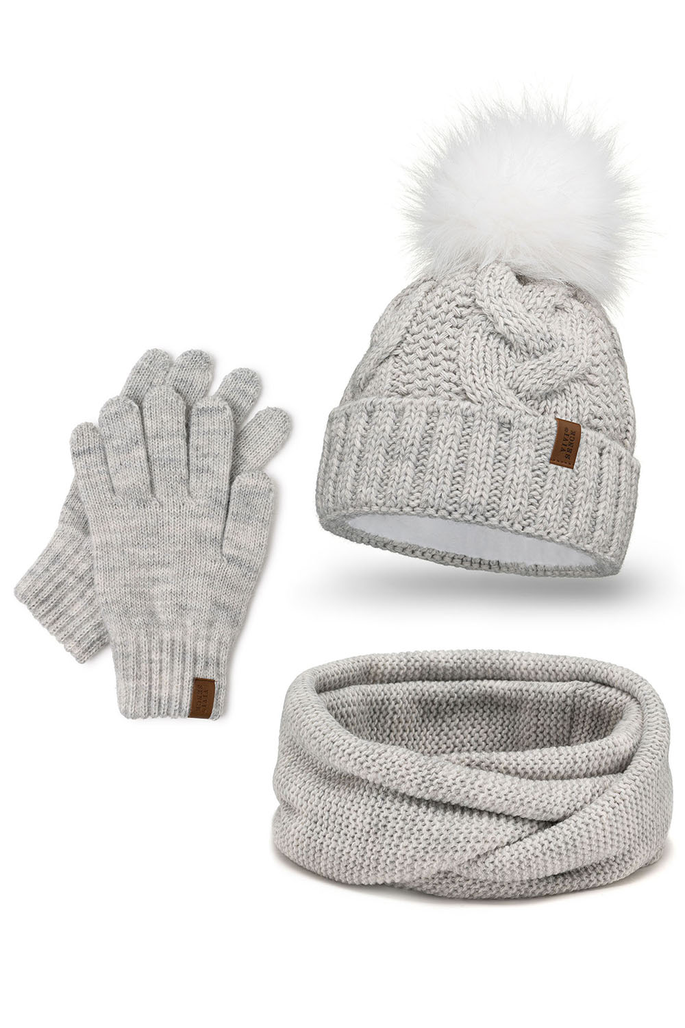 Vivisence Damen Winter Set Bommelmütze Loop Schal Handschuhe Warm Elegant, beige Melange