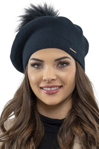 Vivisence Women Beret Wool Blend Faux Fur Pompom Elegant Warm Winter Hat 7035, dark blue