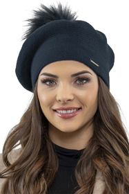 Vivisence Damen Baskenmütze Schal Set Bommel Wolle Warm Elegant Winter 7035Kmpl, dunkelblau