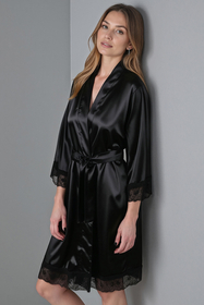 Vivisence Damen Negligé Satin Kurz Kimonoärmel Spitze Bindegürtel Elegant 5032, schwarz