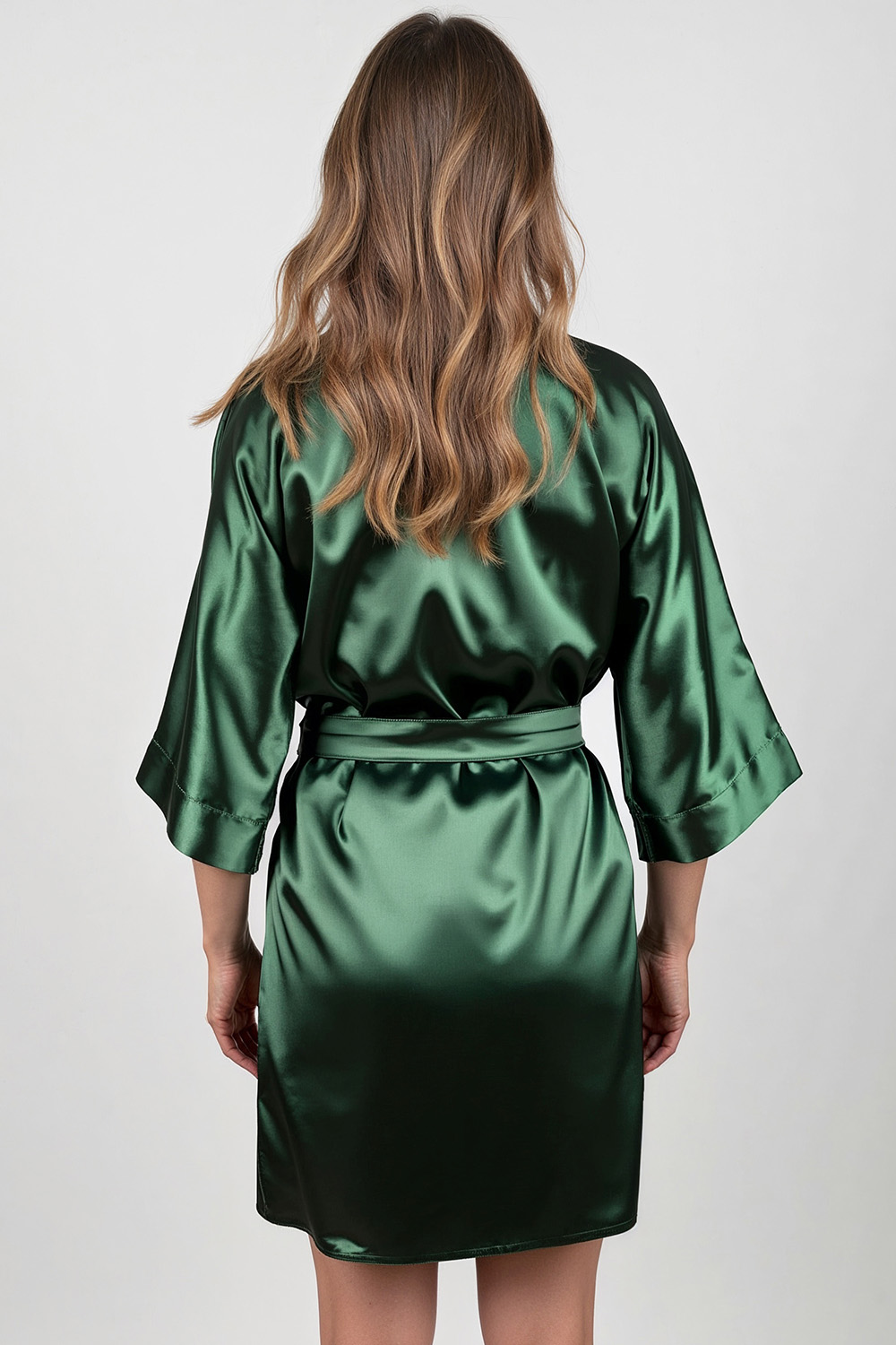 Vivisence Women's Satin Robe with 3/4 Sleeves Tie Waist Short Kimono Style Elegant Polyester Nightwear, Green
