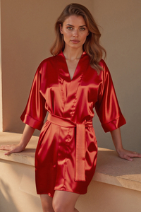 Vivisence Women's Satin Robe with 3/4 Sleeves Tie Waist Short Kimono Style Elegant Polyester Nightwear,