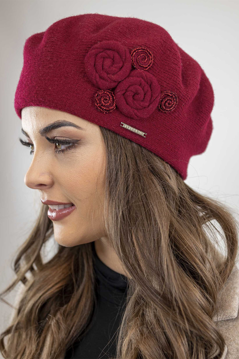 Vivisence Damen Baskenmütze Schal Set Wolle Applikation Lang Warm 7037kmpl, weinrot