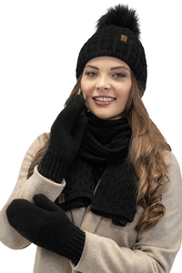 Vivisence Femme Ensemble Bonnet Pompon Écharpe Moufles Chaud Hiver Élégant, noir