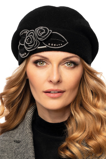 Vivisence Handmade Elegant Women's Cap With Floral Applique And Beads Decorative Folds Made From Warm Wool Static-Free Design Perfect Fit Ideal For Cold Winter Days, Black