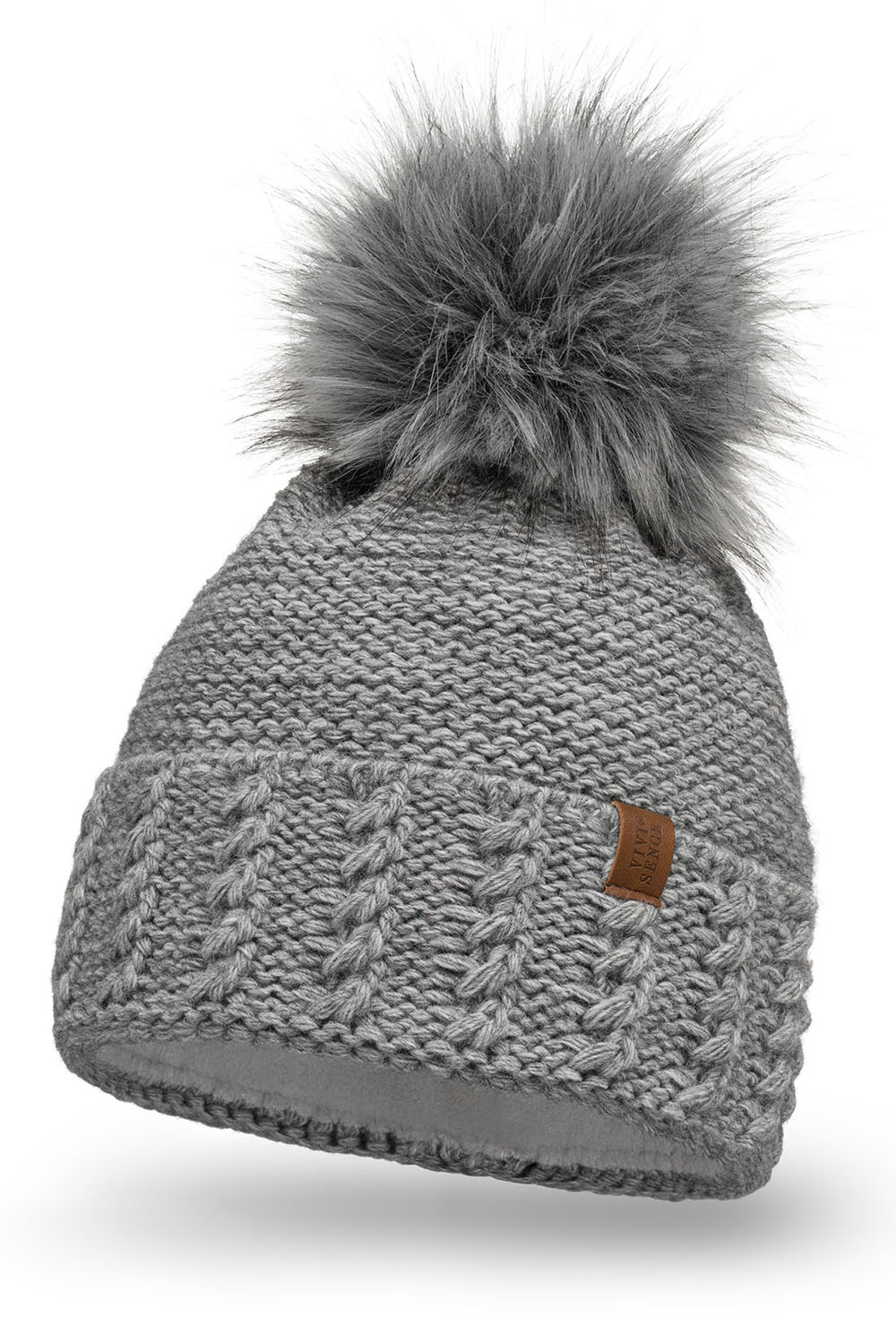 Vivisence Women's Pom Pom Hat Fleece Lined Perfect Fit Extra Warm, light grey