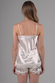 Vivisence Damen Schlafanzug Satin Zweiteilig Spitze Shorts Träger Elegant 2036, ecru