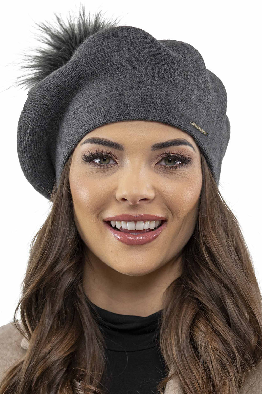 Vivisence Women Beret Wool Blend Faux Fur Pompom Elegant Warm Winter Hat 7035, dark grey