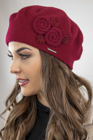 Vivisence Damen Baskenmütze Schal Set Wolle Applikation Lang Warm 7037kmpl, weinrot