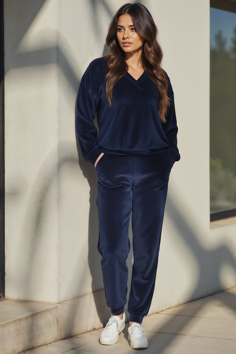 Vivisence Pantalon Femme Décontracté Coupe Ample Taille Élastique Poches Latérales Chevilles Resserrées Tenue Confort Détente Maison Loisirs Lounge Jogging, bleu foncé